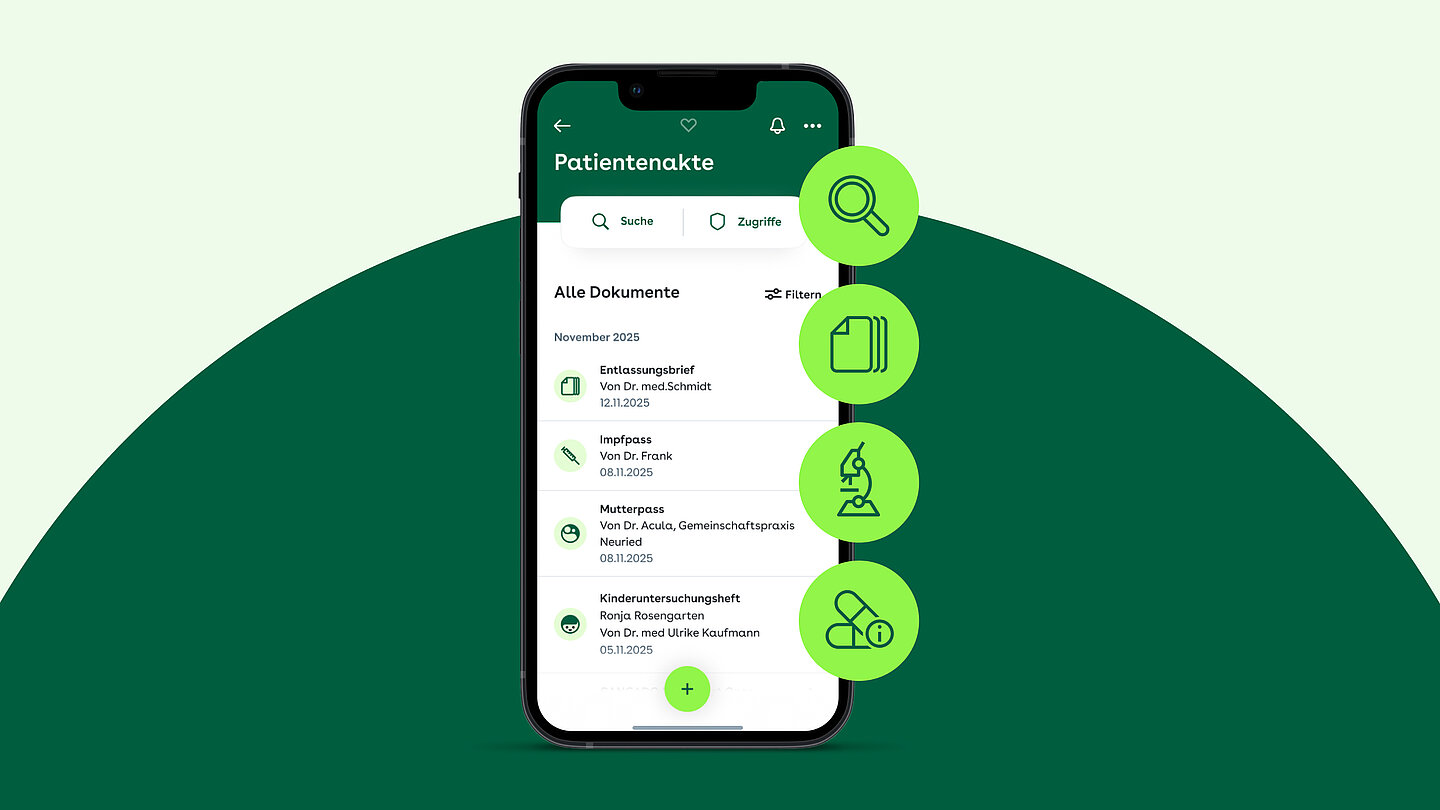 Smartphone mit der Patientenakte in der "AOK Mein Leben"-App. Vier Symbole stehen für die Neuerungen: Volltextsuche, Verwaltung verbundener Dokumente, Forschungsdatenfreigabe und Hinweise zu selbst eingetragenen Medikamenten.