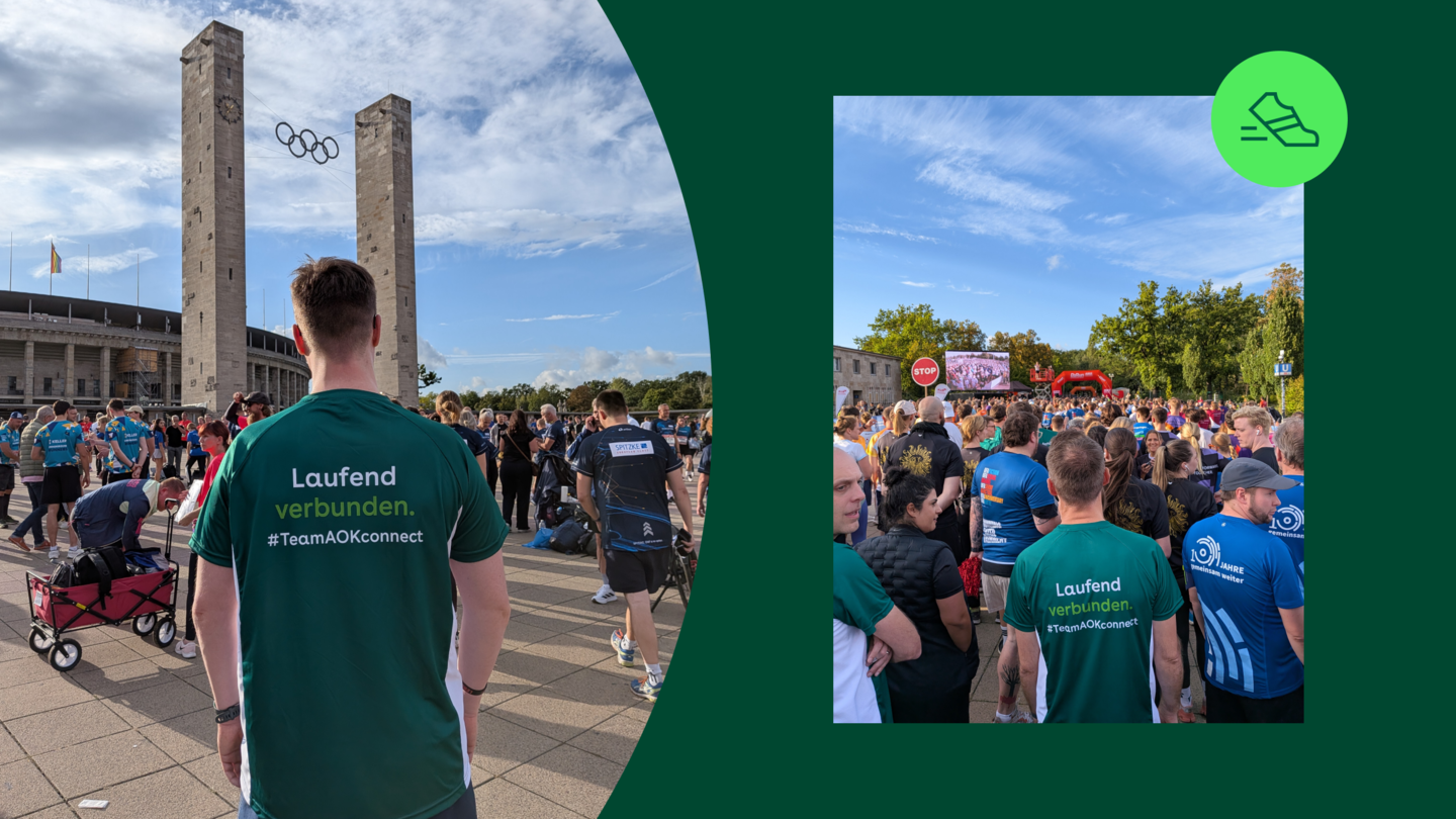 Teilnehmende des B2Run Berlin 2026 auf dem Veranstaltungsgelände am Olympiastadion. Im Vordergrund eine Person im AOK connect Laufshirt, im Hintergrund das Olympiastadion und die Startaufstellung.
